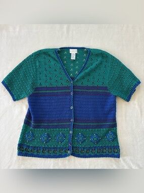 Vintage Koret Crochet Embellished Blue Teal Short Sleeve Sweater Cardigan Large